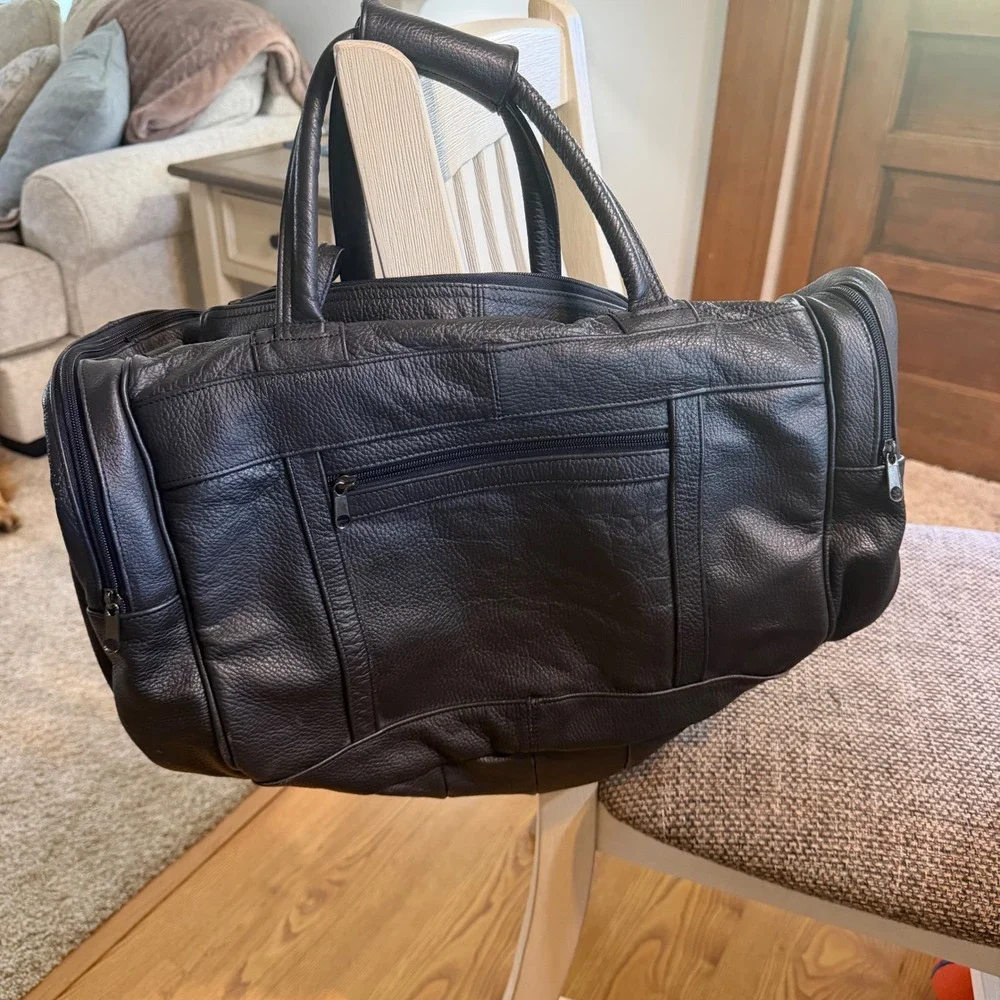 Vintage Lebo Voyager Black Leather Duffle Bag Weekender Travel Overnight Luggage